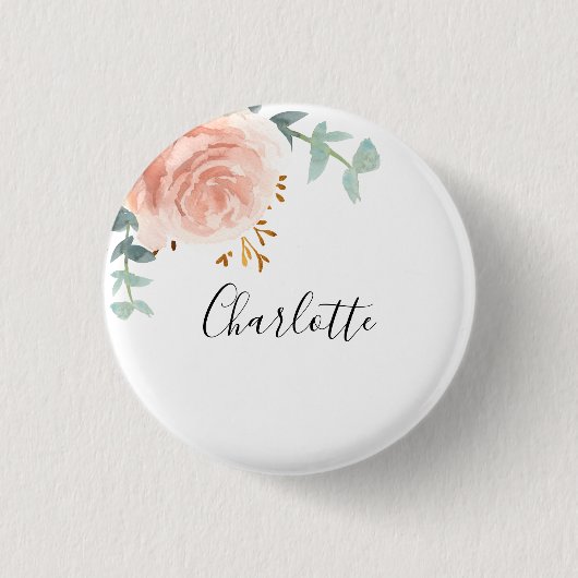 Eucalyptus groen rozegoud bloem naamkaartje ronde button 3,2 cm (Voorkant)
