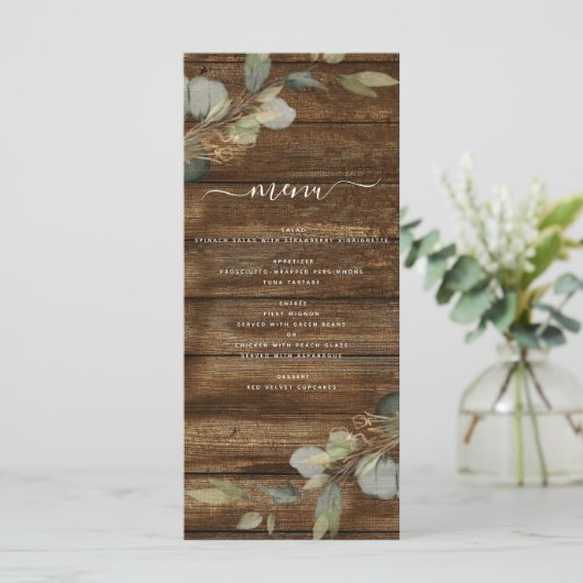 Eucalyptus groen rustiek hout land menu (Staand voorkant)