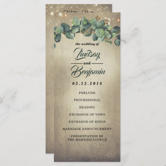 Eucalyptus groen rustiek land bruiloft programma programmakaart (Voorkant / Achterkant)
