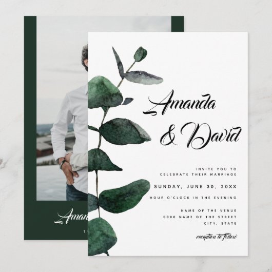 Eucalyptus groen rustieke paar foto bruiloft kaart (Voorkant / Achterkant)