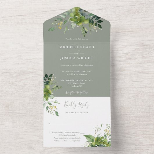 Eucalyptus groen salie groen monogram bruiloft all in one uitnodiging (Binnen)