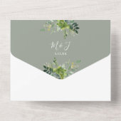 Eucalyptus groen salie groen monogram bruiloft all in one uitnodiging (Achterkant)