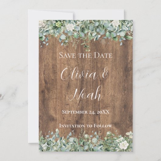 Eucalyptus groen Save the Date kaart | Rustiek (Voorkant)