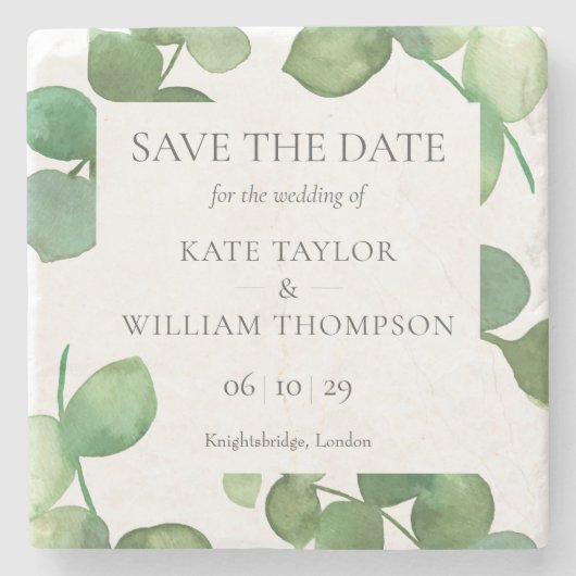 Eucalyptus groen Save the Date Stenen Onderzetter (Voorkant)