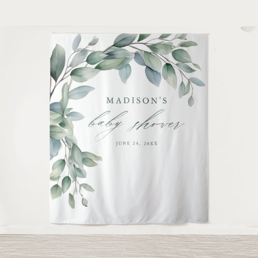 Eucalyptus groen script Baby shower achtergrond Wandkleed (Voorkant)