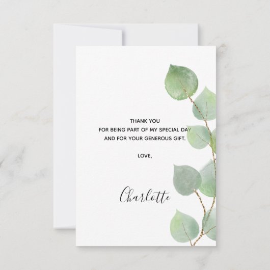 Eucalyptus groen script Bruidsmeisjesfeest Bedankkaart (Achterkant)