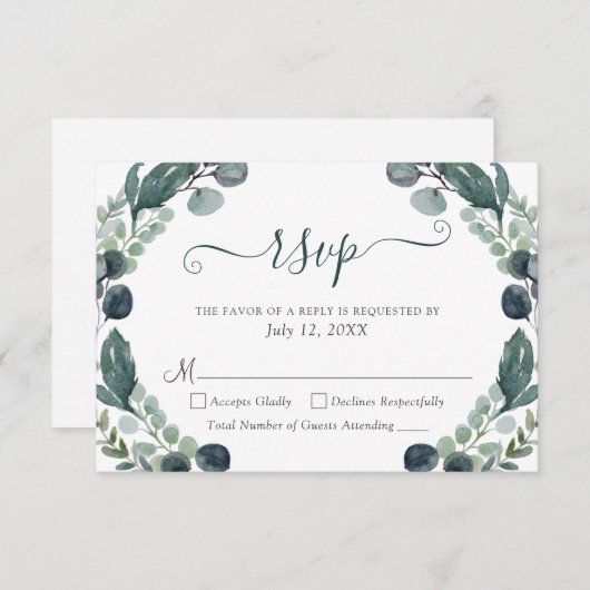 Eucalyptus groen Script bruiloft RSVP (Voorkant / Achterkant)