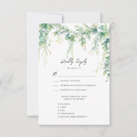 Eucalyptus groen script moderne tuin bruiloft RSVP kaartje (Voorkant)