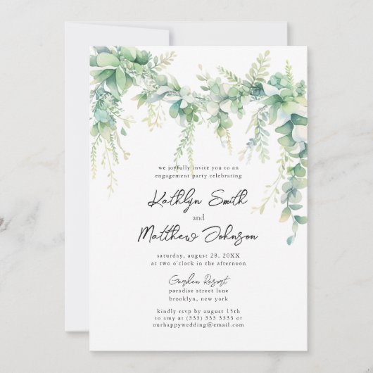 Eucalyptus groen script moderne verlovingsfeest kaart (Voorkant)