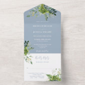 Eucalyptus groen stoffig blauw monogram bruiloft all in one uitnodiging (Binnen)