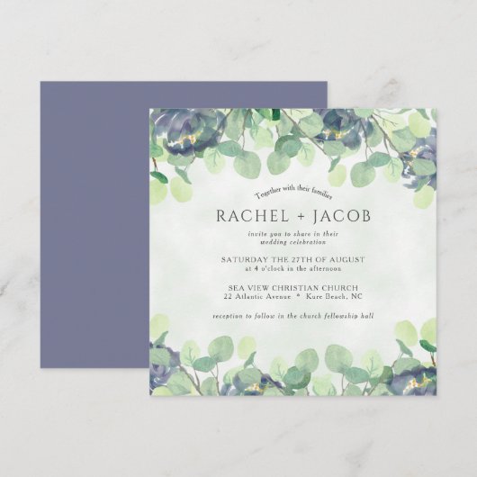 Eucalyptus groen stoffige blauwe bloemenbruiloft kaart (Voorkant / Achterkant)