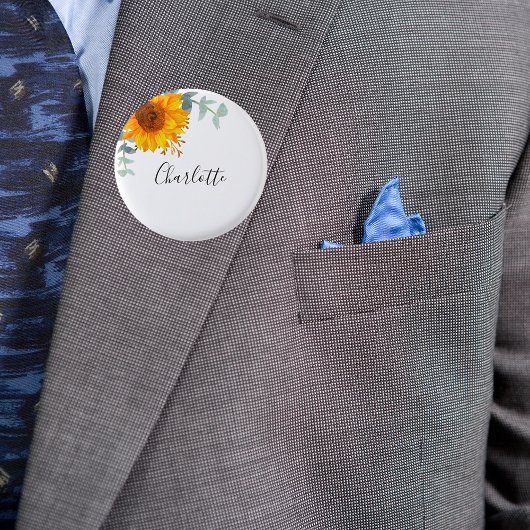 Eucalyptus groen sunflower naamkaartje ronde button 3,2 cm