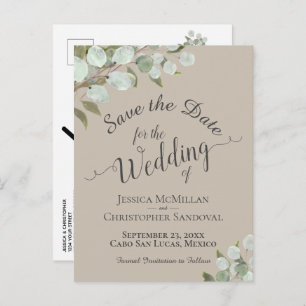 Eucalyptus & Groen Taupe Bruiloft Bewaar de datum Aankondigingskaart