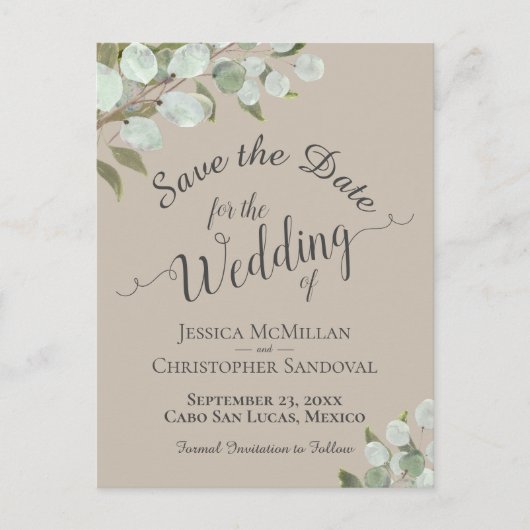 Eucalyptus & Groen Taupe Bruiloft Bewaar de datum Aankondigingskaart (Voorkant)