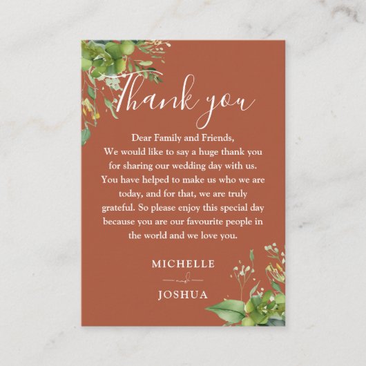 Eucalyptus groen terracotta bruiloft dank u plaatskaartje (Voorkant)
