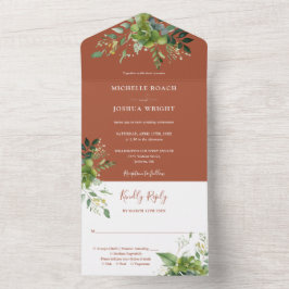 Eucalyptus groen terracotta monogram bruiloft all in one uitnodiging