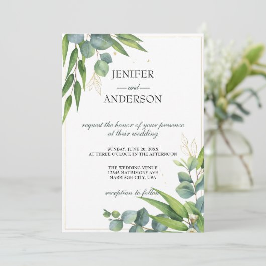 Eucalyptus groen thema bruiloft kaart (Staand voorkant)