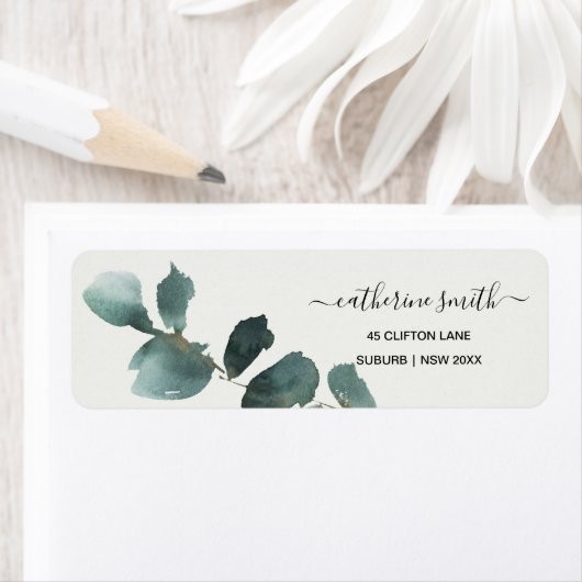 EUCALYPTUS GROEN TRENDY FOLIAGE WATERVERF ADRES ETIKET (Insitu)