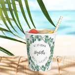 Eucalyptus groen Vrijgezellenfeest Papieren Bekers<br><div class="desc">Een witte achtergrond. Versierd met een eucalyptus groene krans. Een datum en naam personaliseren en toevoegen.</div>