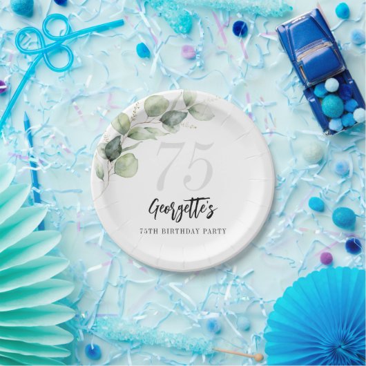 Eucalyptus groen Waterverf 75e geboortedag Papieren Bordje (Feest)
