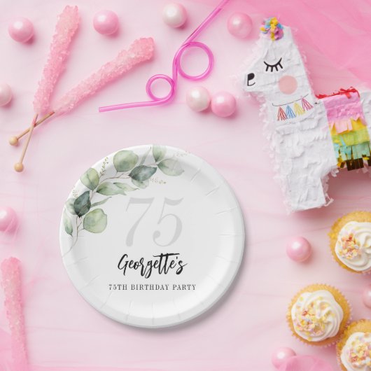 Eucalyptus groen Waterverf 75e geboortedag Papieren Bordje (Feest)