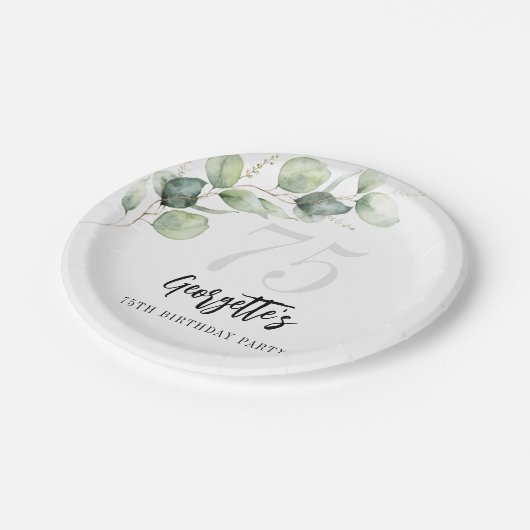 Eucalyptus groen Waterverf 75e geboortedag Papieren Bordje (Gekanteld)