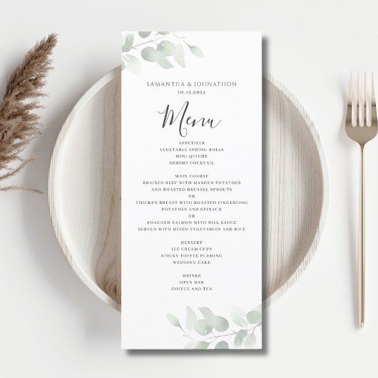 Eucalyptus groen waterverf bruiloft plat menu