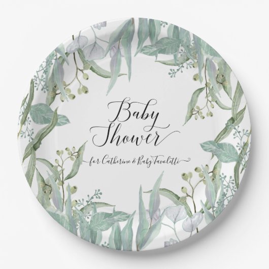 Eucalyptus groen Waterverf gebladerte Baby shower Papieren Bordje (Voorkant)