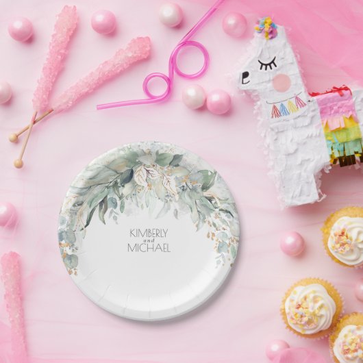 Eucalyptus groen Waterverf Zomer bruiloft Papieren Bordje (Feest)