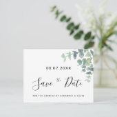 Eucalyptus groen wedding save-the-date briefkaart (Staand voorkant)