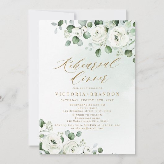 Eucalyptus groen wit bloemenrepetitie diner kaart (Voorkant)