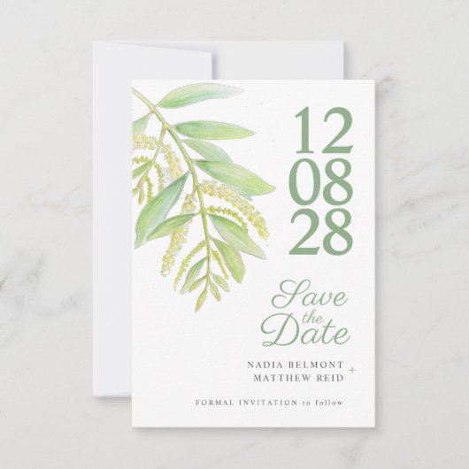 Eucalyptus groen wit foto bruiloft save the date (Voorkant)