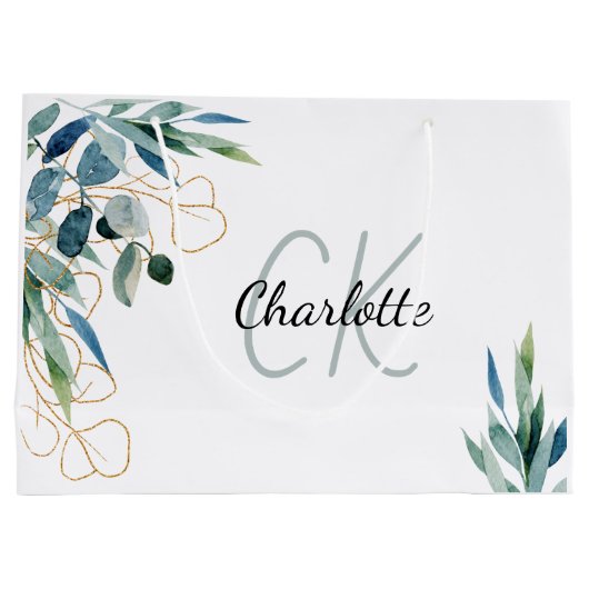 Eucalyptus groen wit gouden monogram groot cadeauzakje (Achterkant)