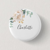 Eucalyptus groen witte bloem naamlabel ronde button 3,2 cm (Voorkant)