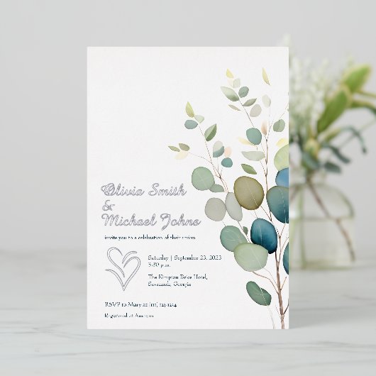 Eucalyptus groen zilver bruiloft uitnodiging (Staand Voorkant)
