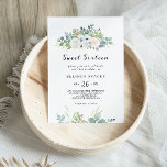 Eucalyptus groen zoet zestien verjaardagsfeest kaart<br><div class="desc">Deze eucalyptus groen zoete zestien verjaardag feestuitnodiging is perfect voor een eenvoudige zestiende verjaardag. Het ontwerp heeft paarse,  witte,  blauwe en roze geïllustreerde oogverblindende rozen,  genesteld in een prachtig boeket van eucalyptusgroene bladeren.</div>