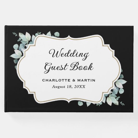 Eucalyptus groen zwart-wit bruiloft gastenboek (Voorkant)