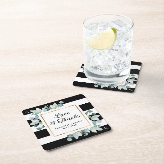 Eucalyptus groen zwart-wit bruiloft kartonnen onderzetters (Insitu)