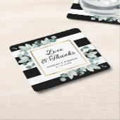 Eucalyptus groen zwart-wit bruiloft kartonnen onderzetters (Schuin)