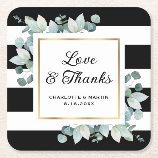 Eucalyptus groen zwart-wit bruiloft kartonnen onderzetters (Voorkant)