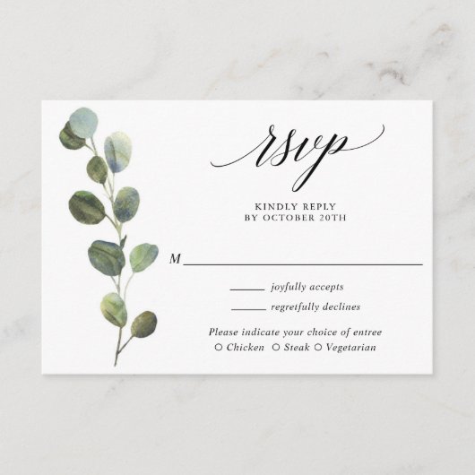 Eucalyptus groen zwart wit bruiloft RSVP Informatiekaartje (Voorkant)