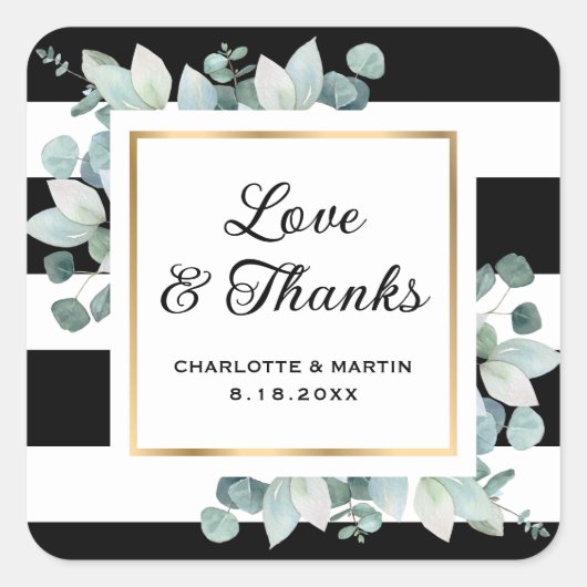 Eucalyptus groen zwart wit goud bruiloft vierkante sticker (Voorkant)