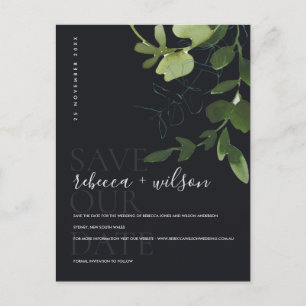 EUCALYPTUS GROEN ZWARTE WATERCOLOR SAVE THE DATE AANKONDIGINGSKAART