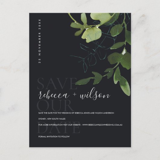 EUCALYPTUS GROEN ZWARTE WATERCOLOR SAVE THE DATE AANKONDIGINGSKAART (Voorkant)