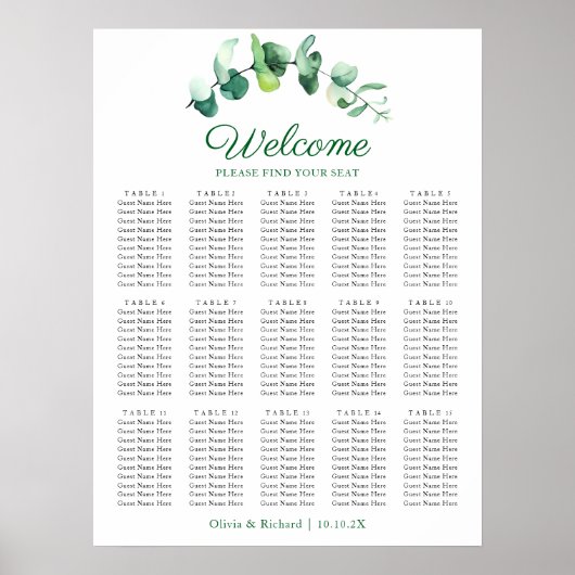 Eucalyptus Groene 15 Tafel Trouwstoelindeling Poster (Voorkant)