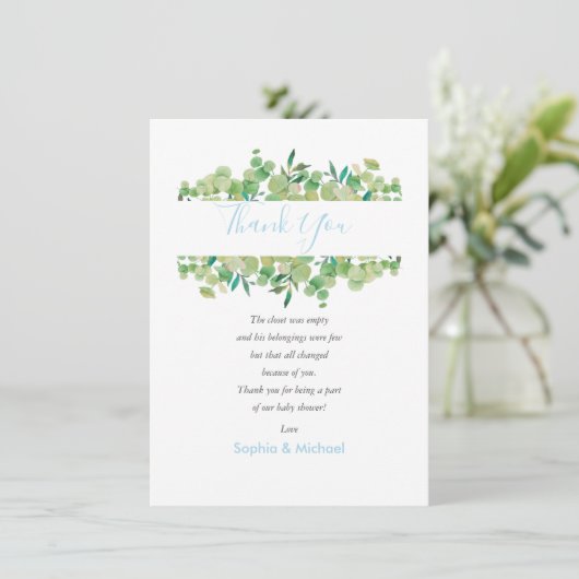 Eucalyptus groene baby boy shower bedankgedicht bedankkaart (Staand voorkant)