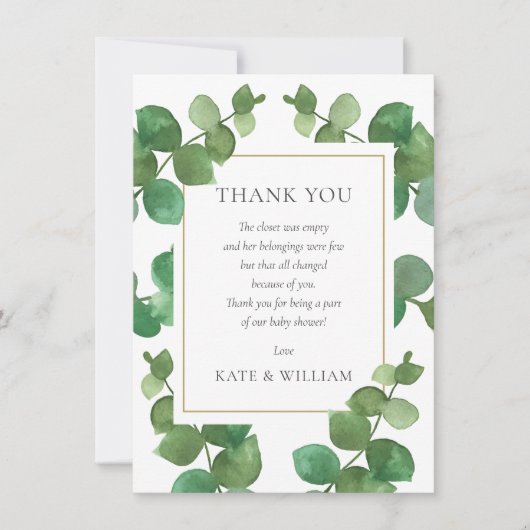 Eucalyptus Groene Baby Shower Gedicht Bedankkaart (Voorkant)