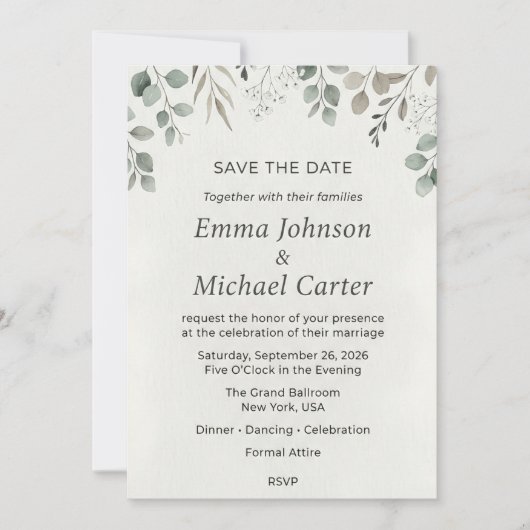 Eucalyptus Groene & Baby's Breath Save-the-Date Kaart (Voorkant)