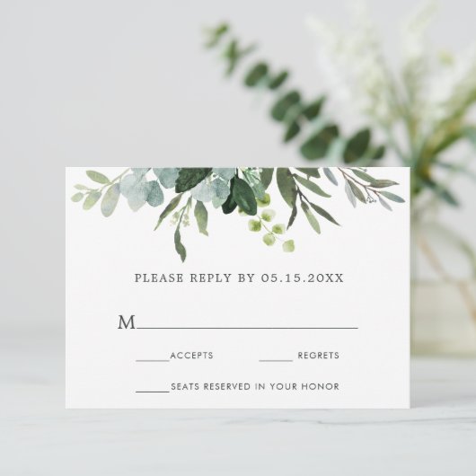 Eucalyptus groene blad bruiloft RSVP kaart (Staand voorkant)