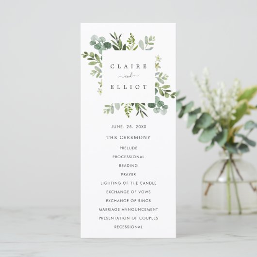 Eucalyptus groene blad bruiloftceremonieprogramma programmakaart (Staand voorkant)